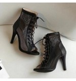 Women'S Fashion Round Toe Mesh Stiletto Hollow Lace Up Short Boots