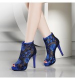 Women Fashion Hollow Retro Embroidery Back Zip Short Stiletto Heel Boots
