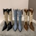 Women Fashion Retro Solid Color Pointed Toe Western Denim Heap High Boots