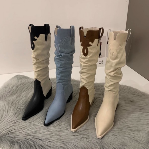 Women Fashion Retro Solid Color Pointed Toe Western Denim Heap High Boots