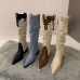 Women Fashion Retro Solid Color Pointed Toe Western Denim Heap High Boots