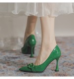 Women Fashionable Solid Color Patent Leather Horsebit Pointed Toe Stiletto Heel Pumps