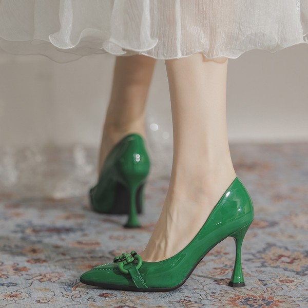 Women Fashionable Solid Color Patent Leather Horsebit Pointed Toe Stiletto Heel Pumps