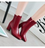 Autumn And Winter Women Fashion Solid Color Side Zipper Pu Square Toe Chunky Heel Mid-Calf Boots