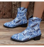 Women Fashion Plus Size Denim Print Pointed Toe Short Boots