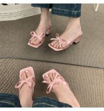 Satin Bow Know Thick Heel Women Summer Open Toe High Heels Slippers
