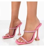 Summer Women Fashion Sexy Plus Size Square Toe Rhinestone High Heel Slippers